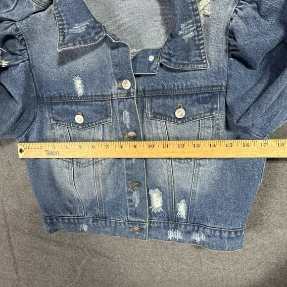 Clara Jayne Jean Jacket Women's M Cropped Ruffled Distressed Denim L/S - Picture 5 of 9